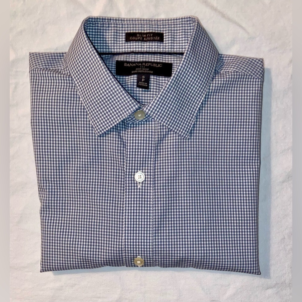 2/60$ Men’s Banana Republic white&blue‎ checks slim fit non iron shirt Sz small